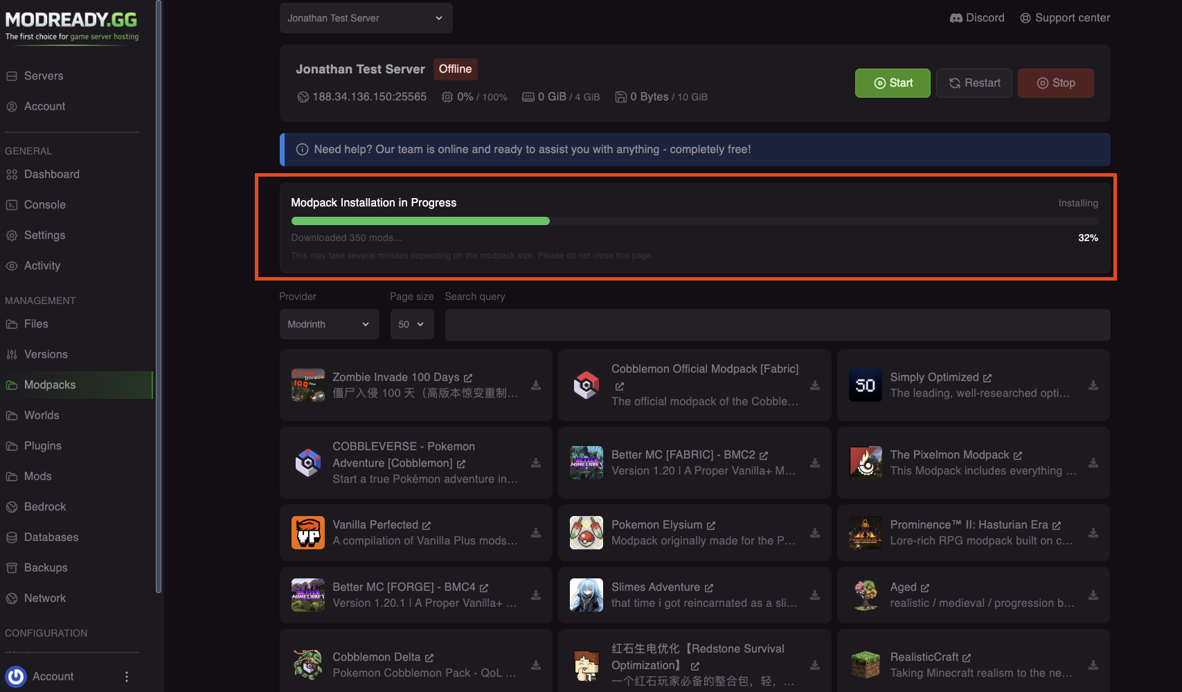 Modpack installation progress bar