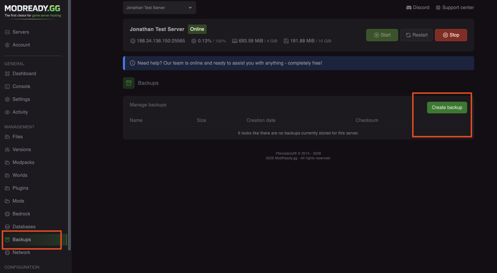 Backups tab in sidebar