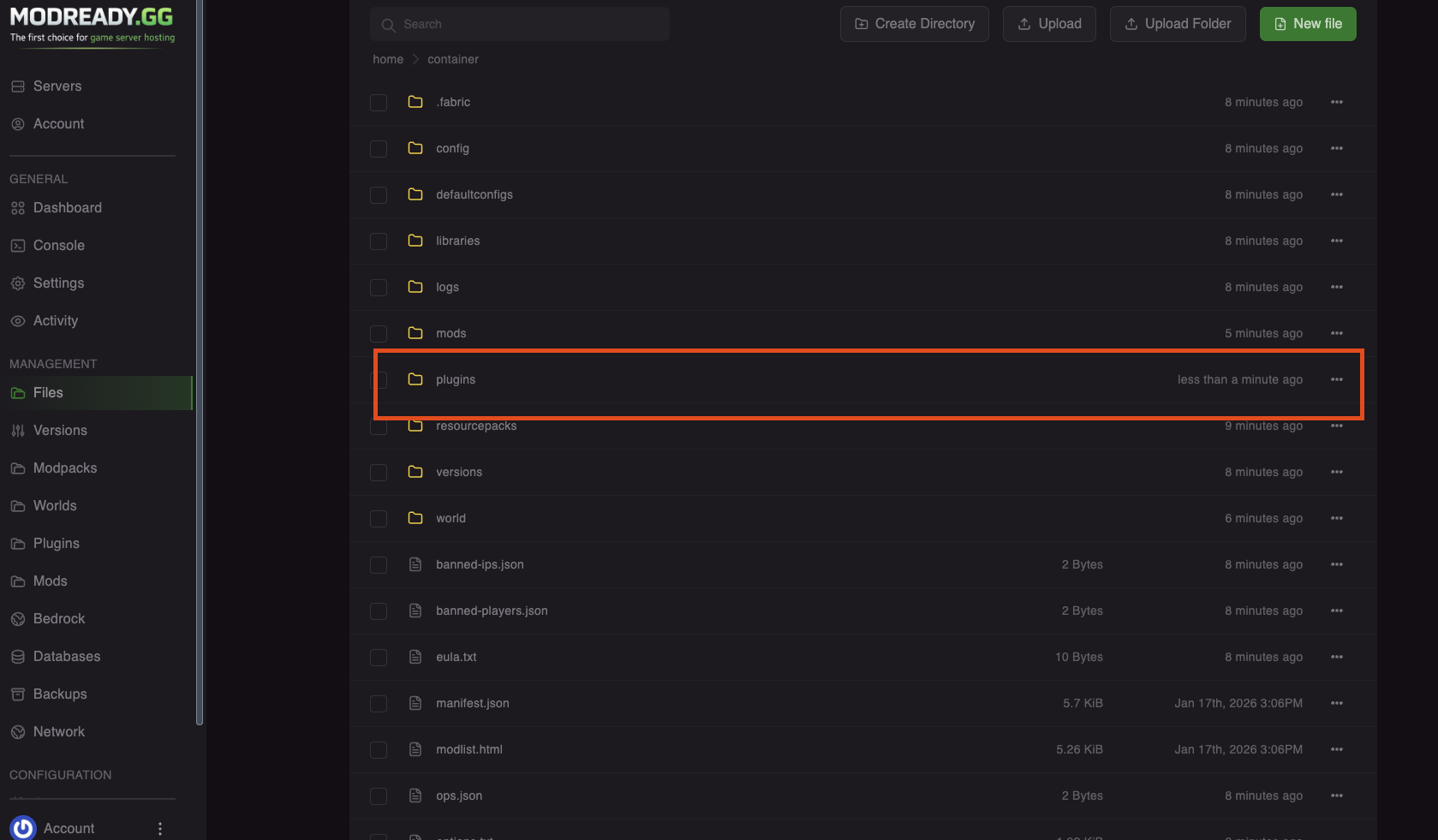 File manager showing plugins folder