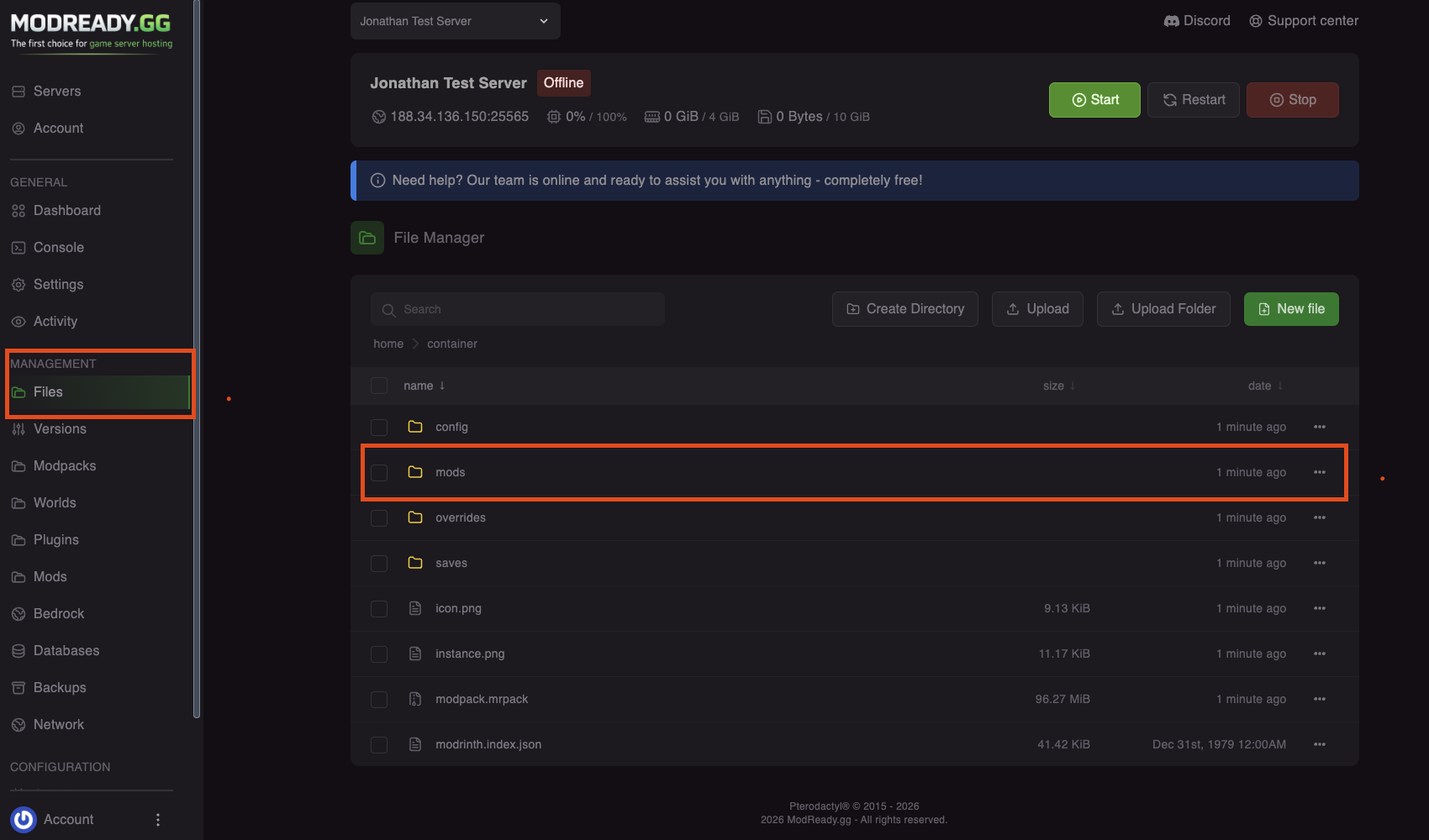 Panel sidebar with Files tab highlighted
