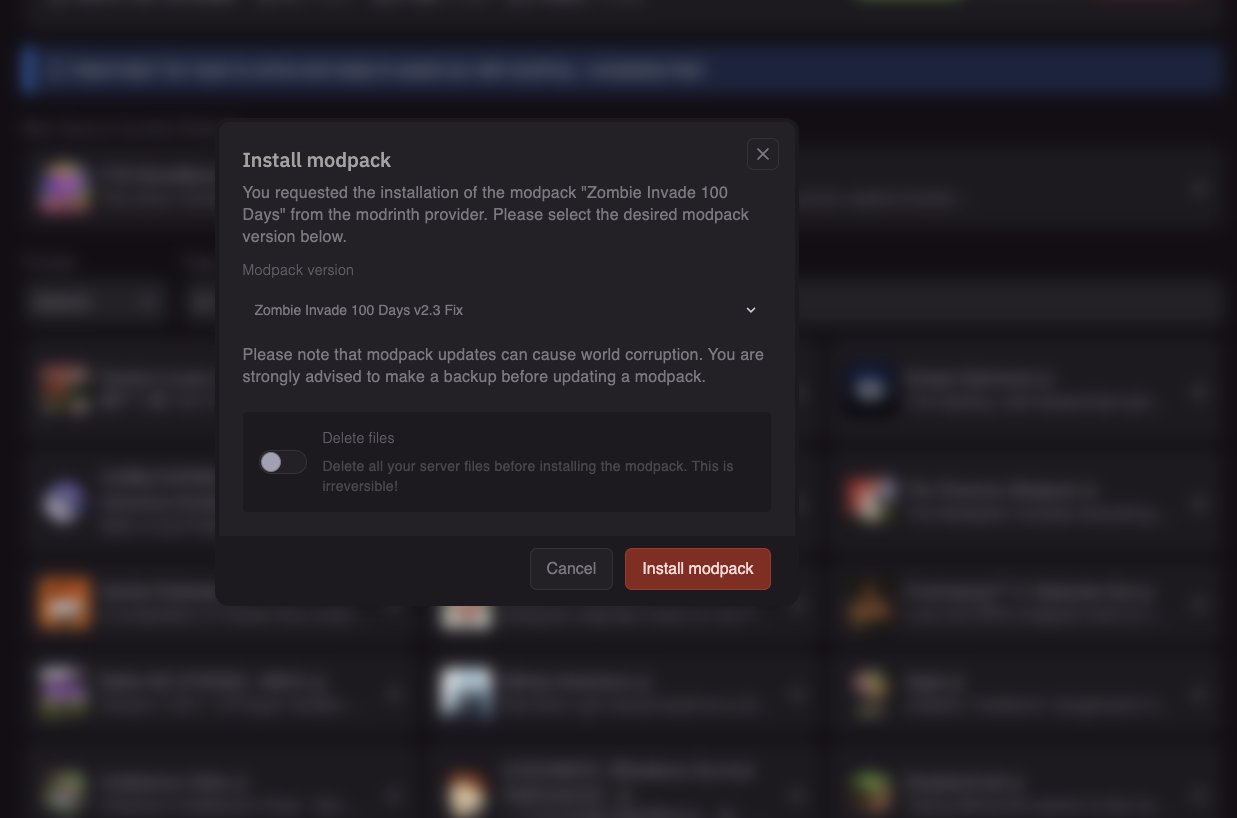 Install button on modpack