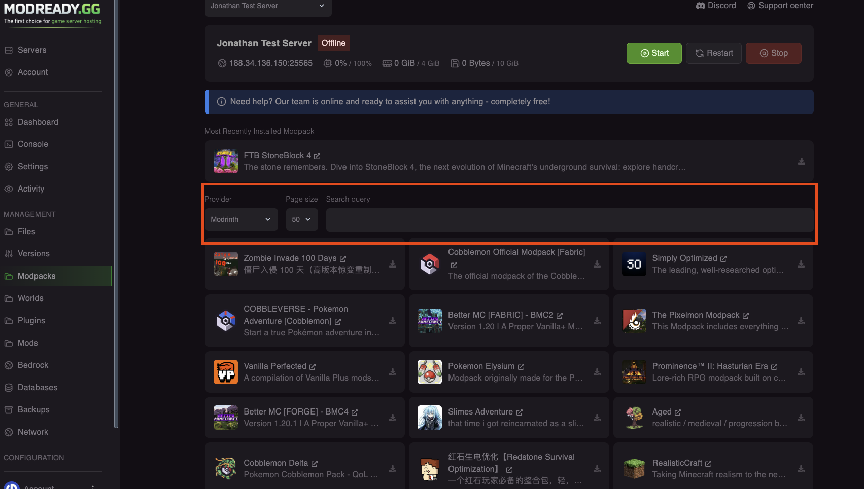 Modpack search results