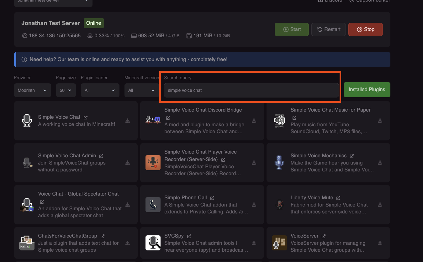Plugin search results