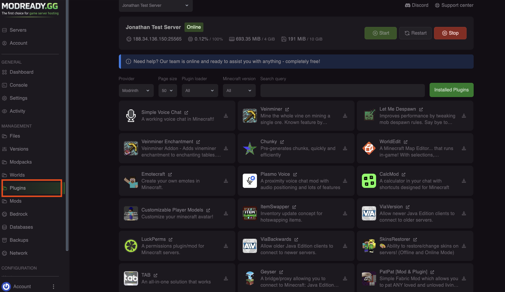 Plugins tab in sidebar