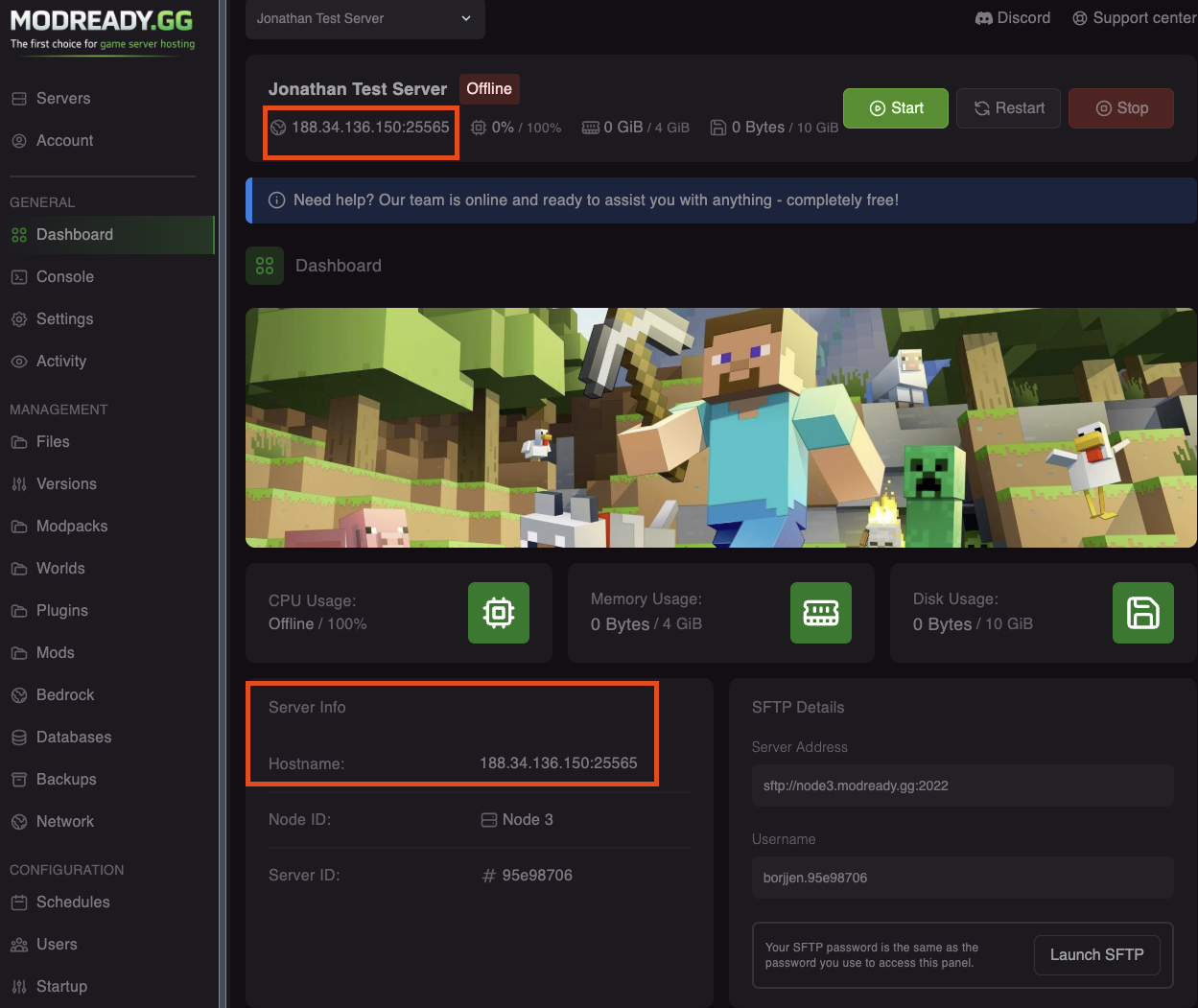 Server dashboard showing IP and port