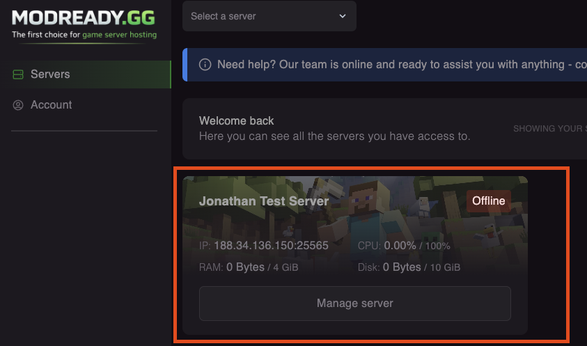Server list in panel