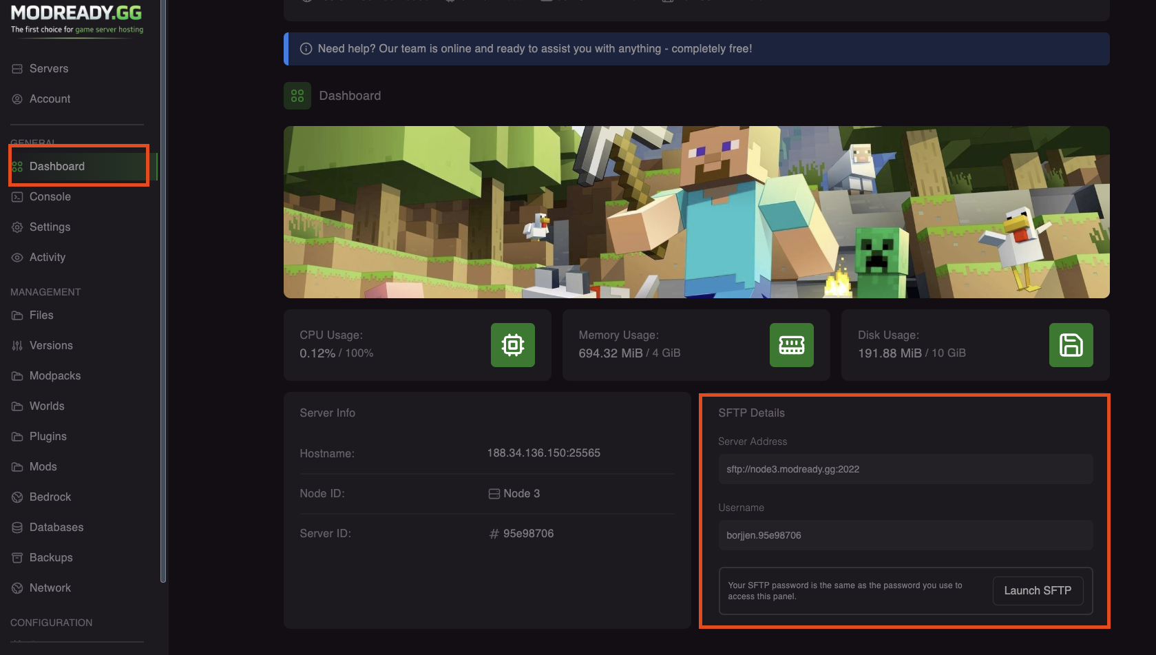 SFTP connection details in Settings