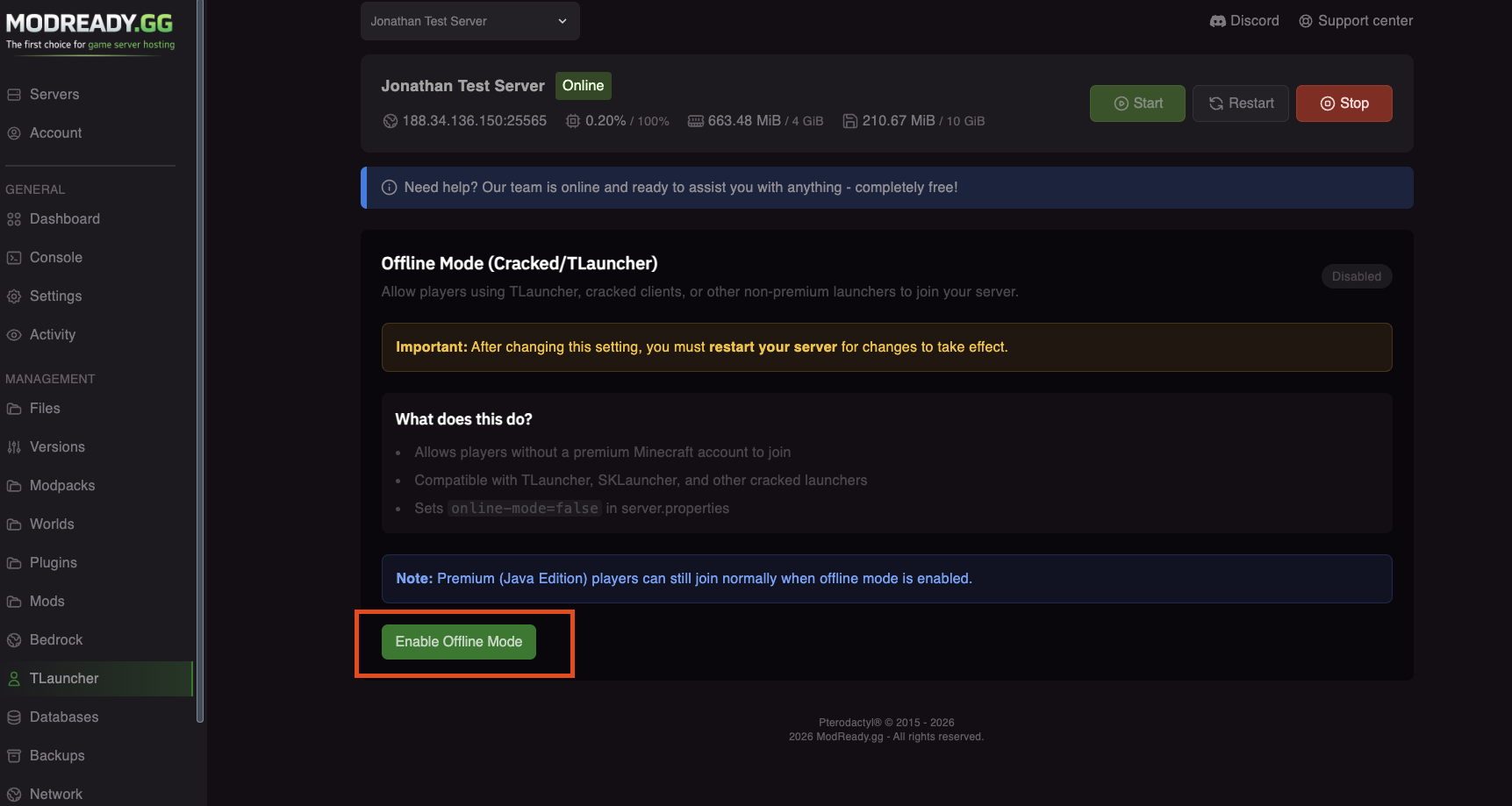 TLauncher page with Enable button